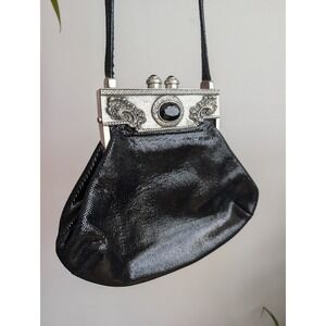 Vintage 70s Black Leather purse Moulin Rouge Goth Victorian Onyx Pewter Nouveau